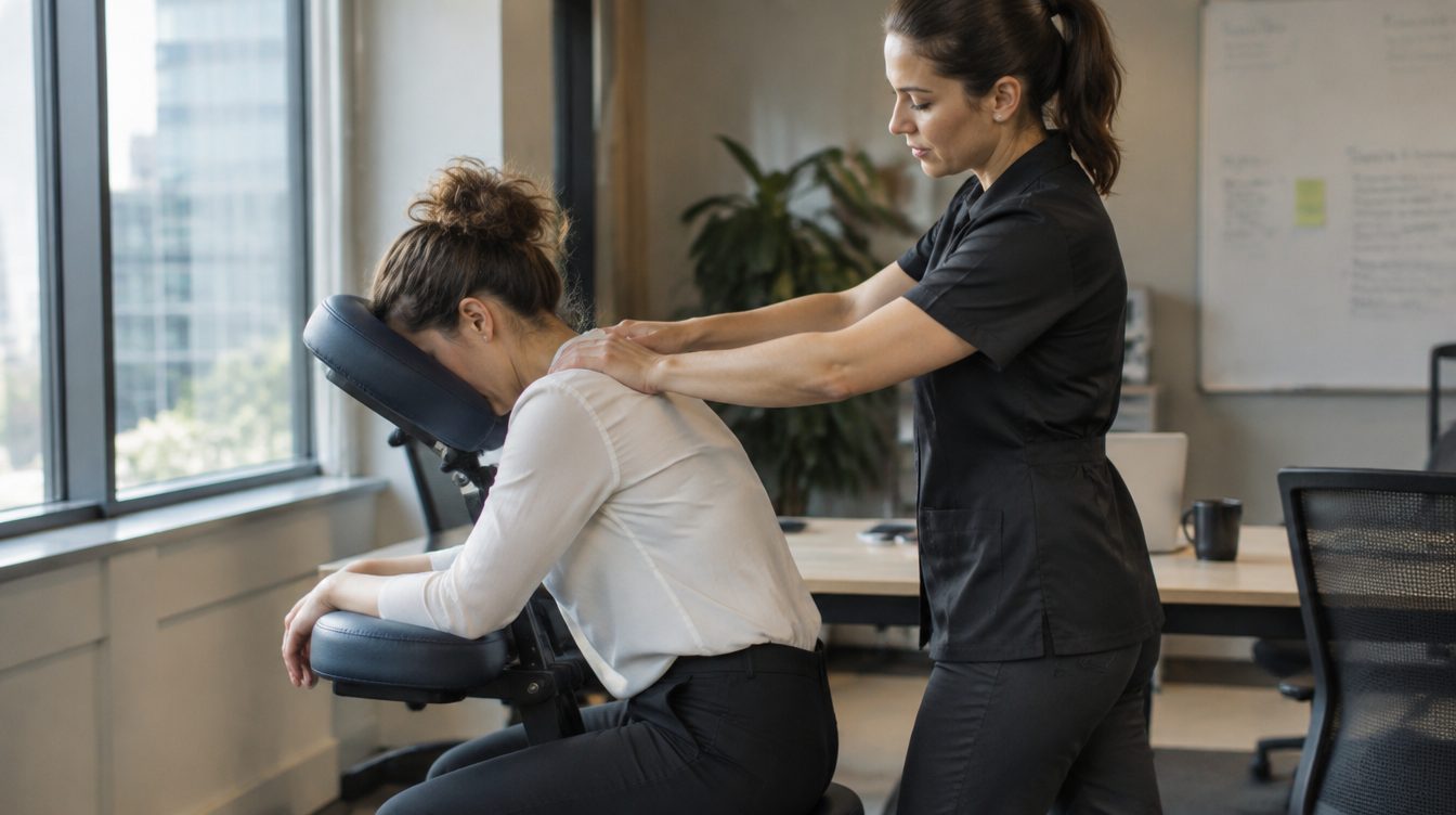 Massage Amma assis en entreprise Massage Amma assis en entreprise : praticienne Osteoburo massant une salariée sur chaise ergonomique au bureau